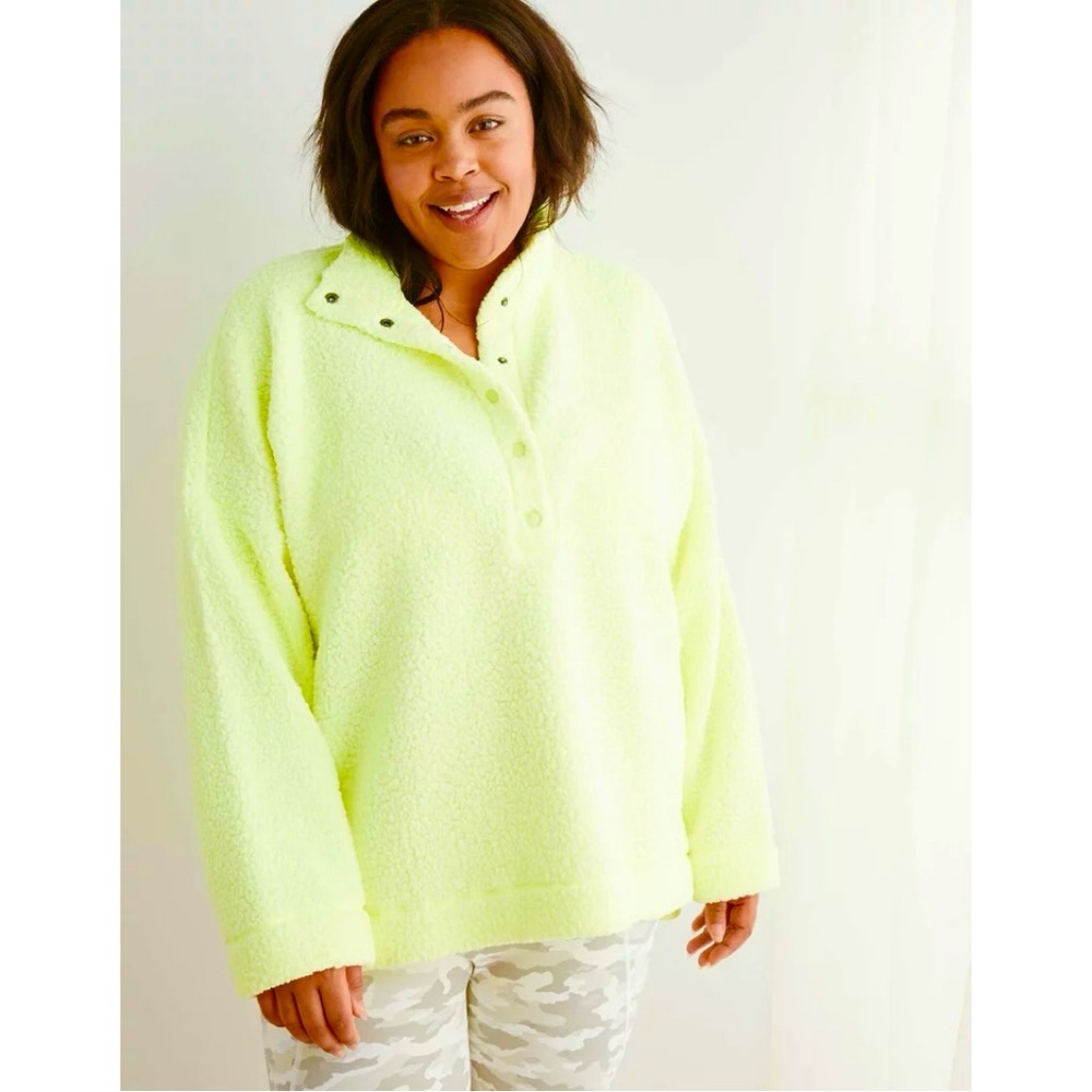 Aerie Neon Yellow Sherpa Snap Button Pullover Sweatshirt